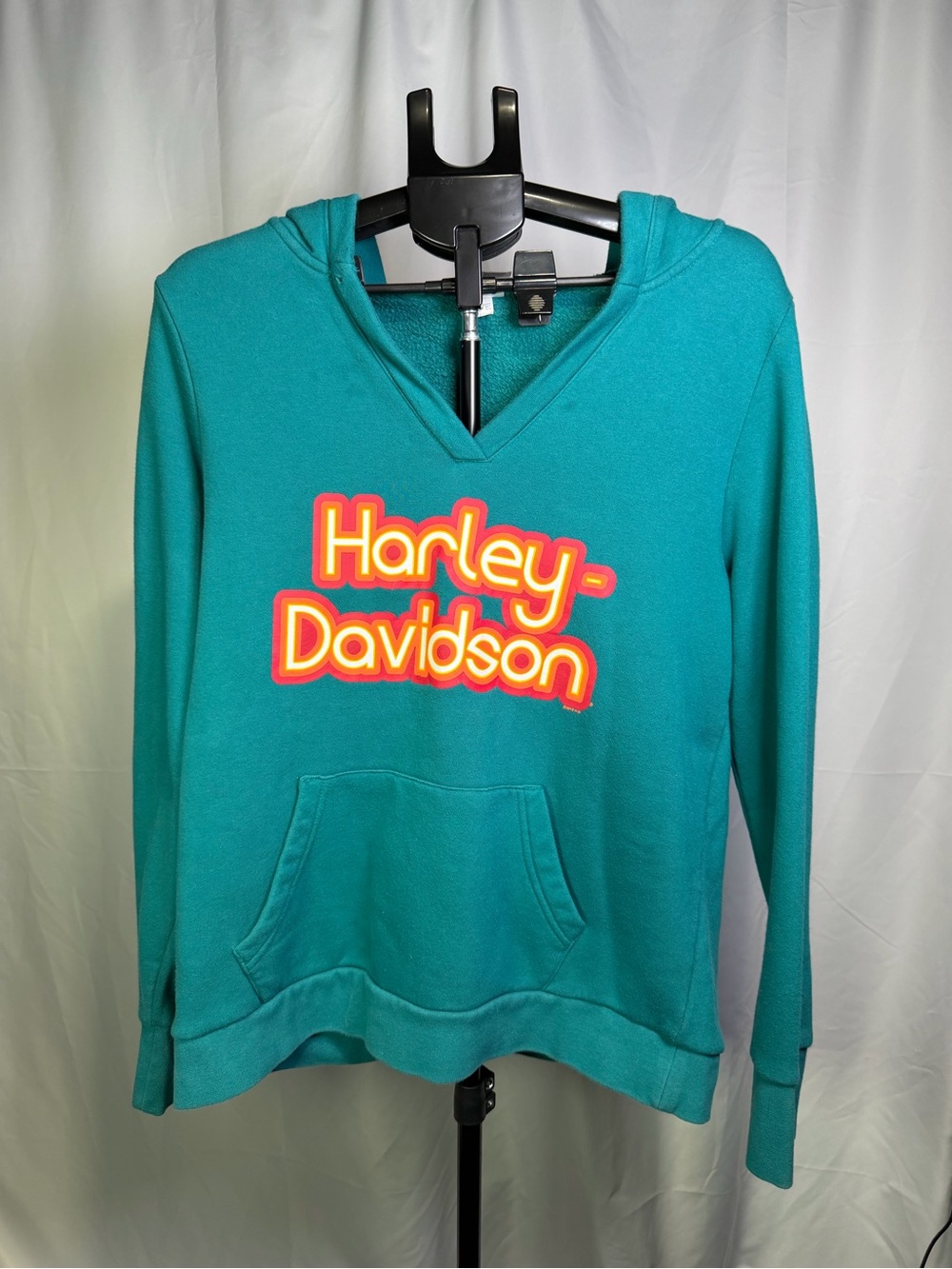 Harley-Davidson Teal V-Neck Hooded Sweater with Orange & Yellow Logo